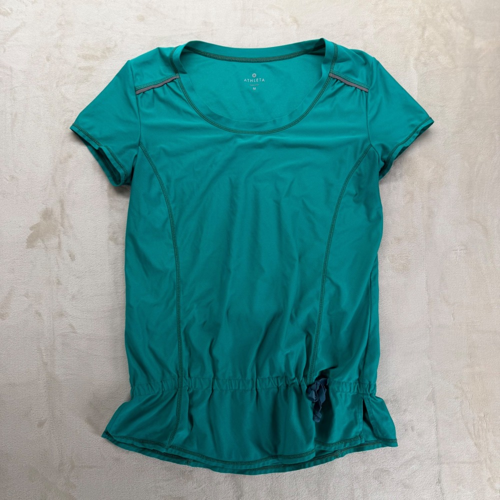 Athleta Performance Top Womens Medium Teal Short Sleeve Reflective Peplum 581724